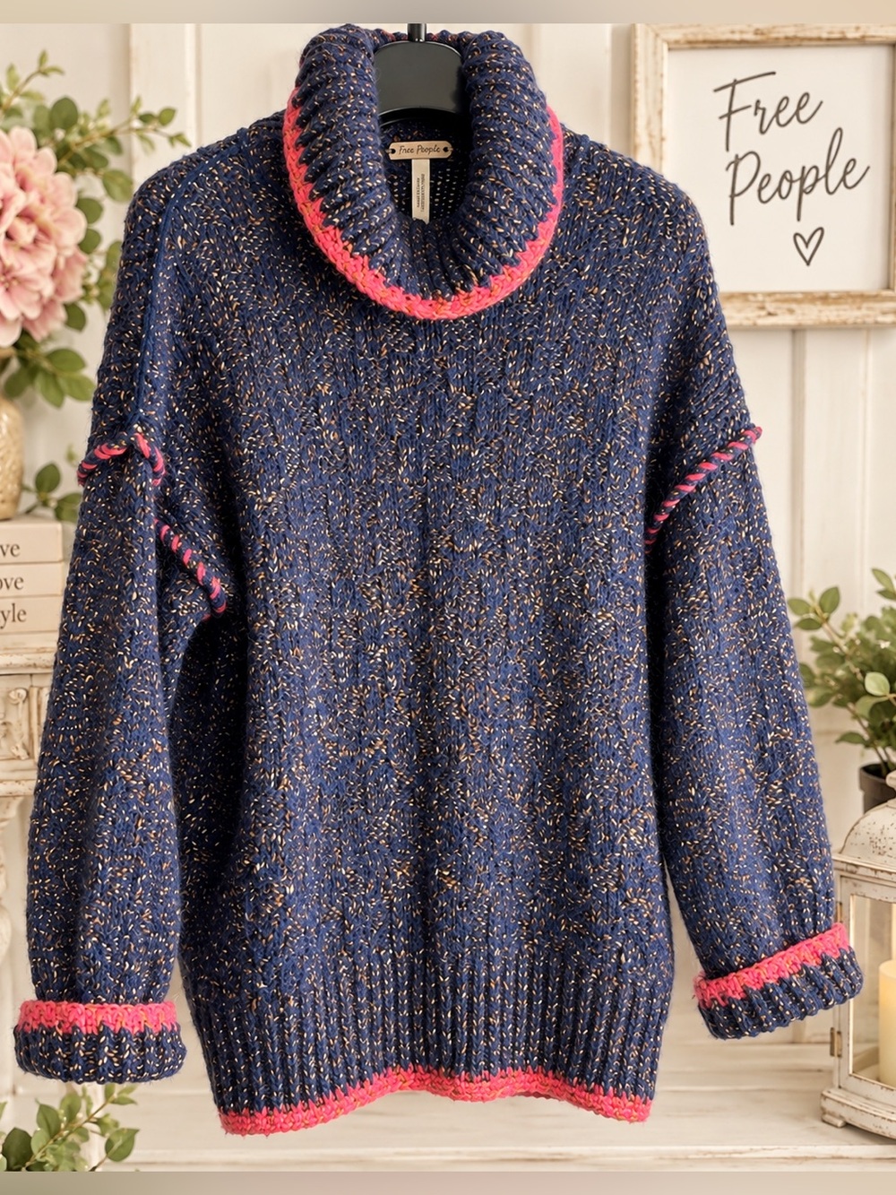 FREE PEOPLE Navy Pink Oversized Chunky Knit Cowl Neck Sweater M